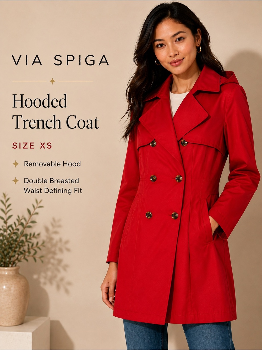 Via Spiga Red Hooded Double Breasted Trench Coat Jacket XS